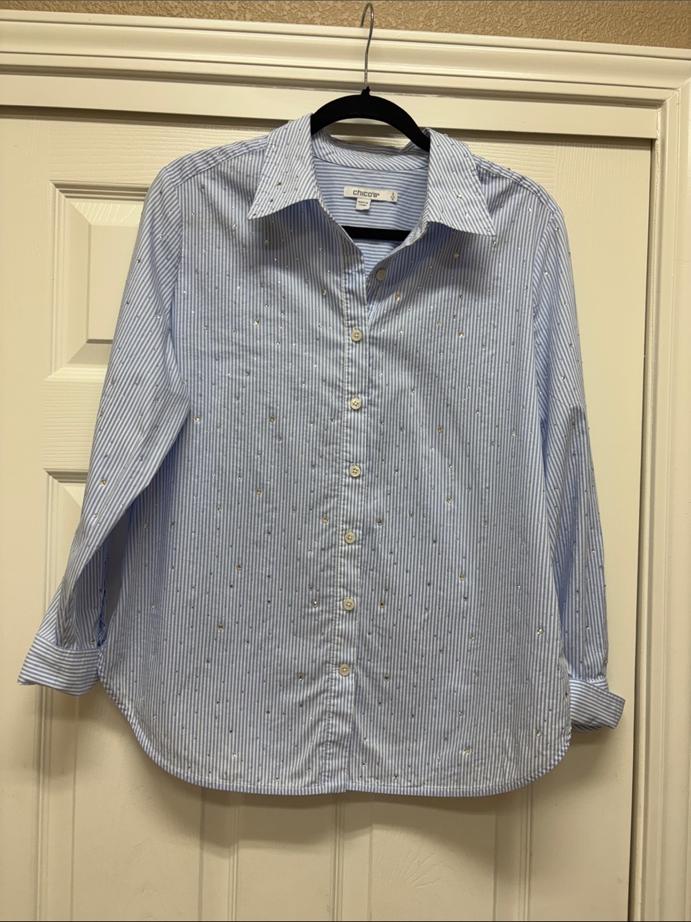 Chico's Blue and White Striped Shirt with Metallic Dot Accents, only worn once.